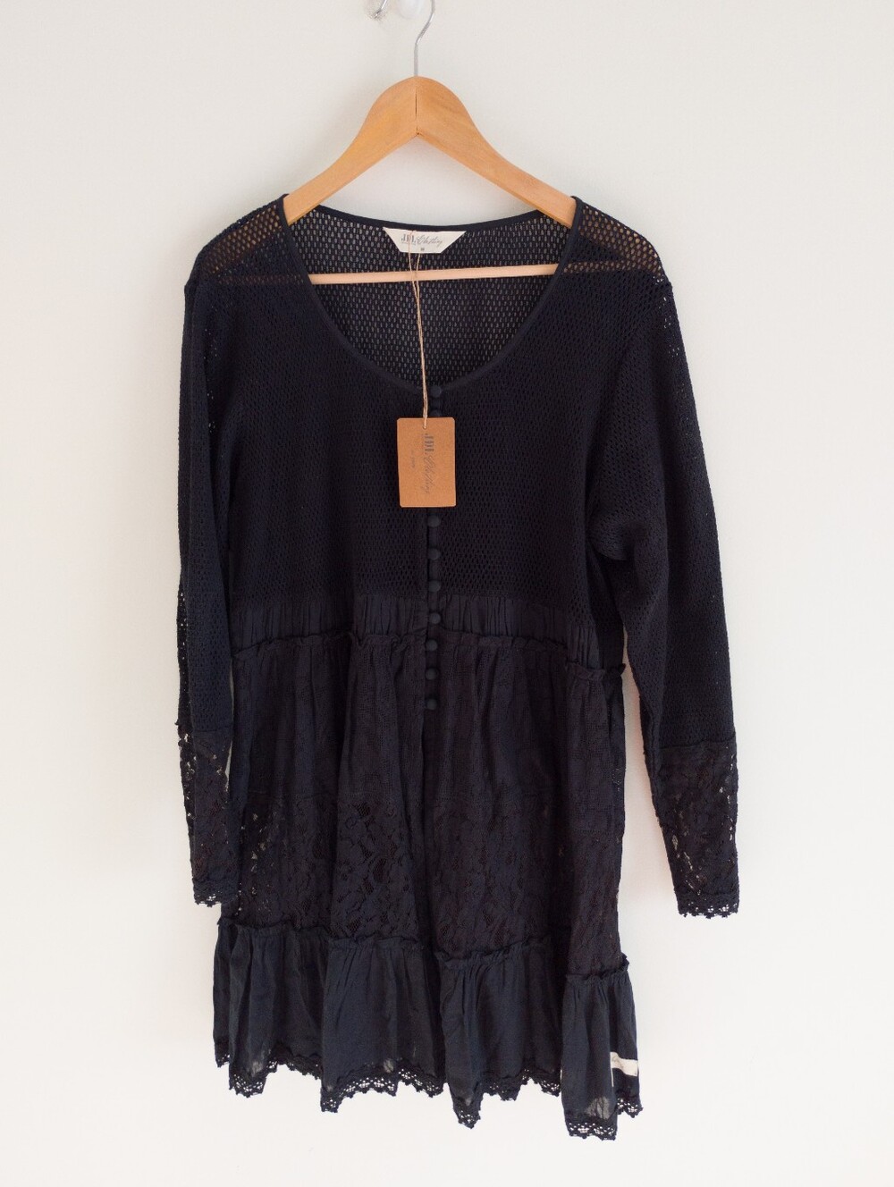 JDL Jeanne d'Arc Living Delightful Past Lace Mesh Tunic Top Dress Medium Black